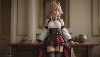 21 years old, 8K, solo, red eyes, fox, ears, five fingers, perfect fingers, pink hair, masterpiece of the highest quality, work of a true master, dress, skirt, stockings, unbuttoned sleeves, jewelry, black thigh-high stockings, Vision, leather, suit, Lynette, (Genshin, Impact), <lora:MIAOKA_Yae Miko_XL:.9>, <lora:tifa_re_sdxl_V1_01-000006:.9>