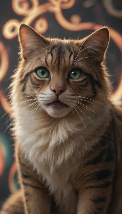 Psychedelic Photo of an actual cat, large cat, realistic detail, trippy visuals, crazy visuals, weird ambient lighting, background visuals, clear details, Psychedelic background