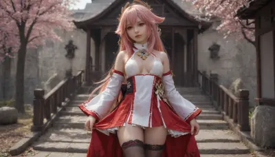 21 years old, 8K, solo, red eyes, five fingers, perfect fingers, pink hair, masterpiece of the highest quality, work of a true master, dress, skirt, stockings, unbuttoned sleeves, jewelry, black thigh-high stockings, Yae, Miko, Lynette, Navia, Vision, (Genshin, Impact), <lora:MIAOKA_Yae Miko_XL:2>, <lora:tifa_re_sdxl_V1_01-000006:2>