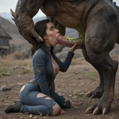 Elizabeth Comstock is dressed in a Vault 111 jumpsuit, is aggressively blowing a massive green glowing Deathclaw out in the Capital Wastes. Interspecies, Deathclaw, Fallout, Elizabeth Comstock, Bioshock Infinite, huge penis, (reptilian penis), mutant male, monster blowjob, zoophilia, detailed faces detailed eyes, detailed mouth, detailed pupils, detailed teeth, HD, ultra detailed, outdoors, torn body suit, unzipped suit, glowing male, cum inside, radioactive male, (mind broken female:1.4), gloomy setting, (deep oral:1.5), capital wasteland setting, full body side view