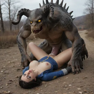 Elizabeth Comstock is dressed in a Vault 111 jumpsuit, is getting aggressively fucked missionary by a massive green glowing Deathclaw out in the Capital Wastes. Interspecies, Deathclaw, Fallout, Elizabeth Comstock, Bioshock Infinite, huge penis, (reptilian penis), mutant male, monster sex, zoophilia, detailed faces detailed eyes, detailed mouth, detailed pupils, detailed teeth, HD, ultra detailed, outdoors, body suit, unzipped suit, glowing male, cum inside, radioactive male, (mind broken female:1.5), gloomy setting, (visible penetration), capital wasteland setting