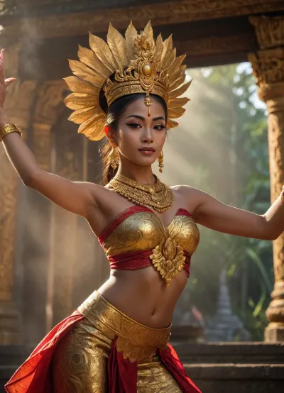 An authentic Balinese dancer from Legong dances at the golden gate of a Balinese temple. Extreme high-frequency detail in intricate brocade with gold threads, Prada fabric, and an ornate frangipani headdress. Subsurface scattering over warm skin tones. Golden hour lighting creates a halo around her silhouette. Volumetric incense smoke floats among the sunbeams. Global illumination reflects off the polished gold carvings of the temple. Kodak Vision3 5219 color grading, deep shadows, intense highlights, organic background noise, high dynamic range, detailed hands, dynamic Balinese dance pose, ultra-detailed face, Balinese dancer.