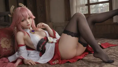 21 years old, 8K, solo, red eyes, five fingers, perfect fingers, pink hair, masterpiece of the highest quality, work of a true master, dress, skirt, stockings, unbuttoned sleeves, jewelry, black thigh-high stockings, Yae, Miko, Lynette, Navia, Vision, (Genshin, Impact), <lora:MIAOKA_Yae Miko_XL:.7>, <lora:tifa_re_sdxl_V1_01-000006:2>