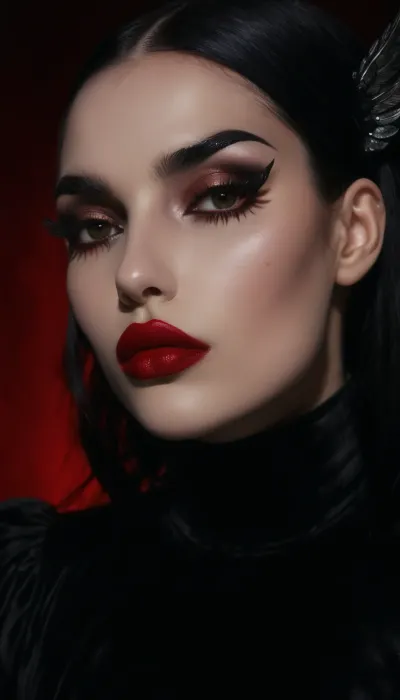 (An enrapturing portrait of an stunningly beautiful goth girl silhouetted against a black velvety backdrop, intense sensual anticipation, avant-garde high fashion goth esthetic:1.6), (focus on eyes, large expressive eyes, sensual expression, inescapable eye contact:1.2), (intricate elegant hairstyle, raven black hair:1.4), (pale creamy porcelain skin, intense eye contact, chiselled cheekbones, narrow jaw, defined jawline), (hyper-feminine delicate facial features, extremely feminine facial structure:1.6), (goth makeup, heavy smokey eye shadow, heavy mascara, bold winged eyeliner, long thick eyelashes, immaculate eyebrows, blood red lipstick, wet lip look:2), (confident seductive smirk, glistening lips), ponychar3-RBSYPV3, <lora:ponychar3-0-RBSYPV3:.8>, 4ng3l, face, <lora:SDXL_BetterFaces-LoRA_v1:.8>, dark, chiaroscuro, low-key, <lora:zavy-cntrst-sdxl:.8>, Stable-Yogis-Makeup-Enhancer-XL