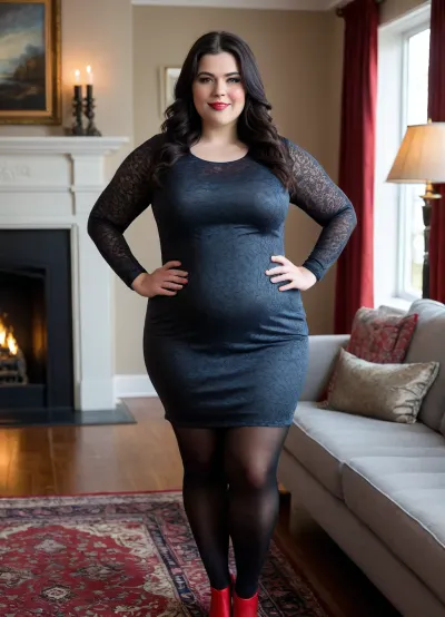 A young overweight woman, 25 years old, with a large bust and wide thighs. She has a round face with long jet-black hair, grey-blue eyes and full lips. She is wearing long black tights and a black knee-length dress with a white pattern. Red shoes. Silver jewellery. She is standing in a living room and smiling at the camera., <lora:Chubby BBW - XL:1.9>