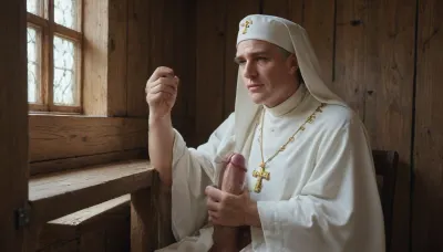 Priest stroking his cock in his robes, priest masturbating in confession booth, priest with cock out, priest, fat priest stroking his large erection, sitting in confession booth, wooden walls, rortch, <lora:rortch:.8>