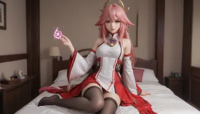 21 years old, 8K, solo, red eyes, five fingers, perfect fingers, pink hair, masterpiece of the highest quality, work of a true master, dress, skirt, stockings, unbuttoned sleeves, jewelry, black thigh-high stockings, Yae, Miko, Lynette, Navia, Vision, (Genshin, Impact), <lora:MIAOKA_Yae Miko_XL:.5>, <lora:tifa_re_sdxl_V1_01-000006:.5>