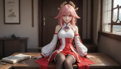 21 years old, 8K, solo, red eyes, five fingers, perfect fingers, pink hair, masterpiece of the highest quality, work of a true master, dress, skirt, stockings, unbuttoned sleeves, jewelry, black thigh-high stockings, Yae, Miko, Lynette, Navia, Vision, (Genshin, Impact), <lora:MIAOKA_Yae Miko_XL:.5>, <lora:tifa_re_sdxl_V1_01-000006:.5>