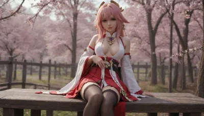 21 years old, 8K, solo, red eyes, five fingers, perfect fingers, pink hair, masterpiece of the highest quality, work of a true master, dress, skirt, stockings, unbuttoned sleeves, jewelry, black thigh-high stockings, Yae, Miko, Lynette, Navia, Vision, (Genshin, Impact), <lora:MIAOKA_Yae Miko_XL:.7>, <lora:tifa_re_sdxl_V1_01-000006:2>