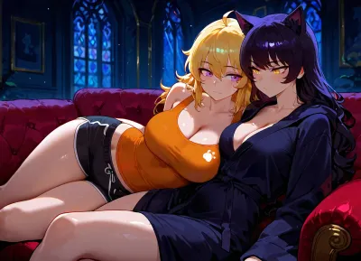 Yang Xiao, (RWBY), and Blake Belladonna, cuddling with each other on the couch in their pajamas., (Yang Xiao is a tall, busty woman with long, blonde hair, purple eyes, wearing a orange tank top and black short shorts.), (Blake Belladonna, sexy cat girl, glowing yellow eyes, wearing black bath robe.), Dark, dim living room, cozy couch.

2 girls, assigned clothes, cuddling, hugging, snuggling in cleavage, petting, soft, warm, 4k detail, clear, crisp.