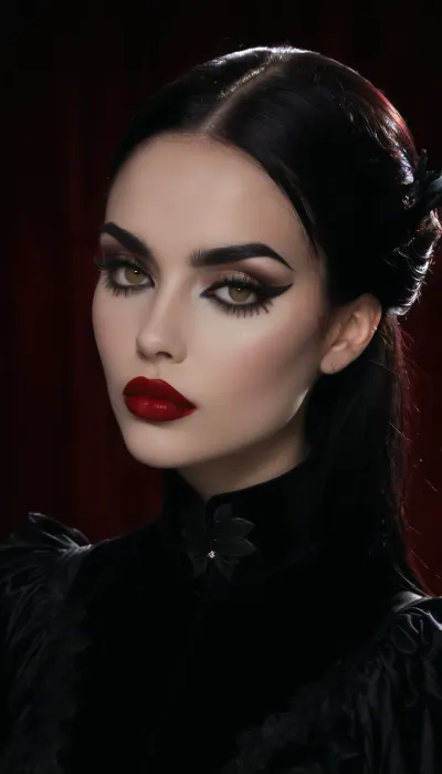 (An enrapturing portrait of an stunningly beautiful goth girl silhouetted against a black velvety backdrop, avant-garde high fashion goth esthetic:1.6), (focus on eyes, large expressive eyes, sensual expression, inescapable eye contact:1.2), (intricate elegant hairstyle, raven black hair:1.4), (Latina, pale creamy porcelain skin, intense eye contact, chiselled cheekbones, strong jawline, defined jawline, elegant neck), (goth makeup, heavy smokey eye shadow, heavy mascara, bold winged eyeliner, long thick eyelashes, immaculate eyebrows, blood red lipstick, wet lip look:2), (confident seductive smirk, glistening lips), ponychar3-RBSYPV3, <lora:ponychar3-0-RBSYPV3:.8>, 4ng3l, face, <lora:SDXL_BetterFaces-LoRA_v1:.8>, dark, chiaroscuro, low-key, <lora:zavy-cntrst-sdxl:.8>, Stable-Yogis-Makeup-Enhancer-XL
