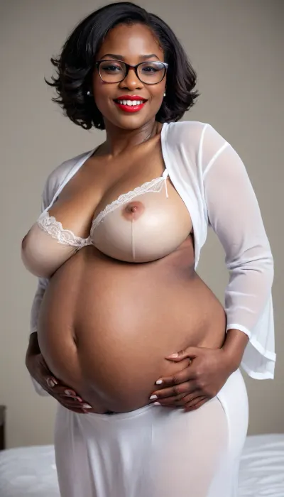 Expectant African American woman with enlarged bust.She is 8 months pregnant. Her pregnant belly is huge. She is smiling seductively. Her breasts are very large and engorged with milk. Her breasts are sagging. She is wearing a white nighty., She is 60 years old. She is wearing red lipstick. She is wearing glasses. 3/4 body view. Dark skin., l0ngha1r, Long straight hair., tomboyv4, <lora:milkers_v2:1.5>, <lora:Long_hair_LoRA_for_SDXL_v2:1.4>, <lora:Tomboy_Muscle_v4-000008:1.3>