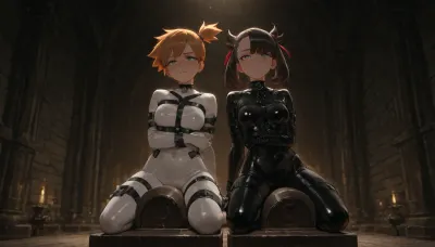 4k, highly detailed, petite girl, petite body, lesbian, 2 woman from Pokemon, Marnie and Misty from Pokemon, lesbian scene, Marnie in a latex straitjacket, forced to sit on a sybian machine controlled by Misty in a latex catsuit, dark dungeon setting, dramatic lighting, high contrast, anime style, detailed faces, tense atmosphere, 8k resolution.