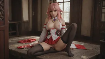 21 years old, 8K, solo, red eyes, five fingers, perfect fingers, pink hair, masterpiece of the highest quality, work of a true master, dress, skirt, stockings, unbuttoned sleeves, jewelry, black thigh-high stockings, Yae, Miko, Lynette, Navia, Vision, (Genshin, Impact), <lora:MIAOKA_Yae Miko_XL:.7>, <lora:tifa_re_sdxl_V1_01-000006:2>