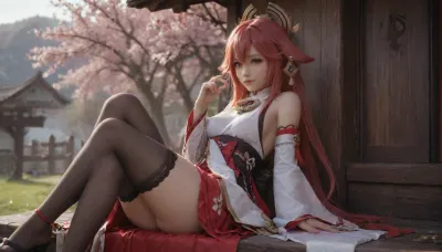 23 years, solo, red, eyes, dress, skirt, stockings, detached, sleeves, jewelry, black, thighhighs, hat, yae, miko, vision, (genshin, impact), <lora:MIAOKA_Yae Miko_XL:.8>, <lora:tifa_re_sdxl_V1_01-000006:.8>