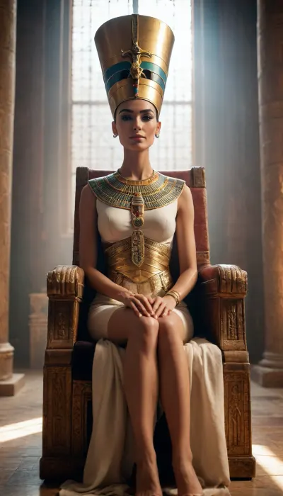 full body view, highest quality and detail was taken with a Canon EOS R3 camera. The photo was taken in 8k resolution, Queen Nefertiti sitting in her throne, sunbeam lights up her face
