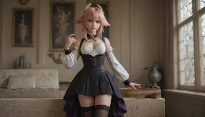 21 years old, 8K, solo, red eyes, fox, ears, five fingers, perfect fingers, pink hair, masterpiece of the highest quality, work of a true master, dress, skirt, stockings, unbuttoned sleeves, jewelry, black thigh-high stockings, Vision, leather, black, suit, Lynette, (Genshin, Impact), <lora:MIAOKA_Yae Miko_XL:.7>, <lora:tifa_re_sdxl_V1_01-000006:2>