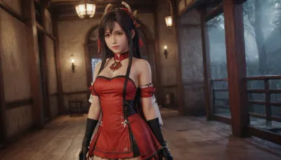 solo, red, eyes, dress, detached, sleeves, jewelry, black, thighhighs, hat, yae, miko, vision, (genshin, impact), <lora:MIAOKA_Yae Miko_XL:.8>, tifa7re, tifa_outfit, <lora:tifa_re_sdxl_V1_01-000006:.8>