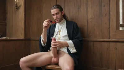 Priest stroking his cock in his robes, priest masturbating in confession booth, priest with cock out, priest, fat priest stroking his large erection, sitting in confession booth, horny expression, holding prayer beads in one hand while stroking his own cock with the other hand precum dripping down cock, wooden walls, rortch, <lora:rortch:.8>