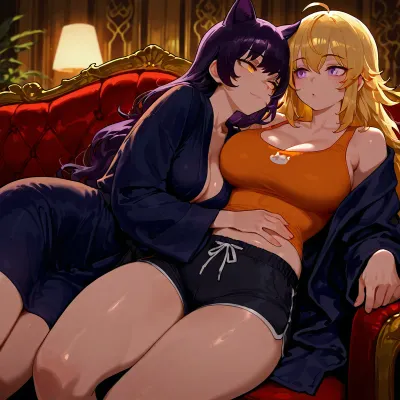 Yang Xiao, (RWBY), and Blake Belladonna, cuddling with each other on the couch in their pajamas., (Yang Xiao is a tall, busty woman with long, blonde hair, purple eyes, wearing a orange tank top and black short shorts.), (Blake Belladonna, sexy cat girl, glowing yellow eyes, wearing black bath robe.), Dark, dim living room, cozy couch.

2 girls, assigned clothes, cuddling, hugging, soft, warm, 4k detail, clear, crisp.