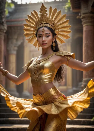 An authentic Balinese dancer from Legong dances at the golden gate of a Balinese temple. Extreme high-frequency detail in intricate brocade with gold threads, Prada fabric, and an ornate frangipani headdress. Subsurface scattering over warm skin tones. Golden hour lighting creates a halo around her silhouette. Volumetric incense smoke floats among the sunbeams. Global illumination reflects off the polished gold carvings of the temple. Kodak Vision3 5219 color grading, deep shadows, intense highlights, organic background noise, high dynamic range, detailed hands, dynamic Balinese dance pose, ultra-detailed face, Balinese dancer.