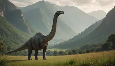 Light background, green mountains, grazing BRACHIOSAURUS