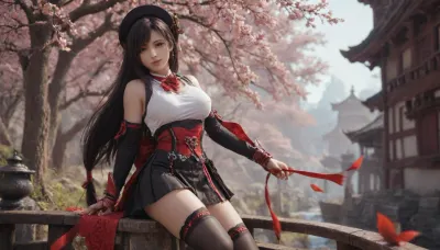 23 years, solo, red, eyes, dress, skirt, stockings, detached, sleeves, jewelry, black, thighhighs, hat, yae, miko, tifa, vision, (genshin, impact), <lora:MIAOKA_Yae Miko_XL:.8>, tifa7re, tifa_outfit, <lora:tifa_re_sdxl_V1_01-000006:.8>