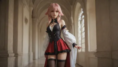 21 years old, 8K, solo, red eyes, fox, ears, five fingers, perfect fingers, pink hair, masterpiece of the highest quality, work of a true master, dress, skirt, stockings, unbuttoned sleeves, jewelry, black thigh-high stockings, Vision, leather, suit, Lynette, (Genshin, Impact), <lora:MIAOKA_Yae Miko_XL:.9>, <lora:tifa_re_sdxl_V1_01-000006:.9>