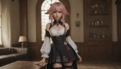 21 years old, 8K, solo, red eyes, fox, ears, five fingers, perfect fingers, pink hair, masterpiece of the highest quality, work of a true master, dress, skirt, stockings, unbuttoned sleeves, jewelry, black thigh-high stockings, Vision, leather, black, suit, Lynette, (Genshin, Impact), <lora:MIAOKA_Yae Miko_XL:2>, <lora:tifa_re_sdxl_V1_01-000006:.8>