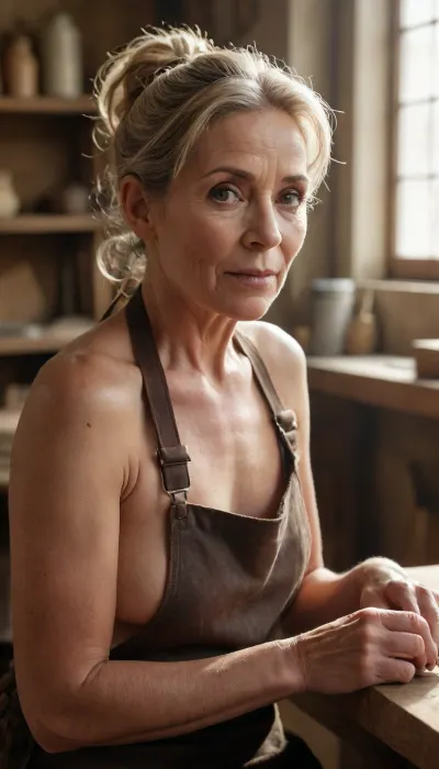 A close-up portrait of an 70 year old female artisan woodworker in a sunlit workshop, sitting at a workbench, focus on workpiece, dust motes dancing in the light, extreme detail on weathered skin and wood grain, she is naked, she wears Leather Apron, toned skin, low wild ponytail hairdo, shot on 85mm lens, cinematic lighting, warm tones, brunett hair with blonde highlights, medium breasts