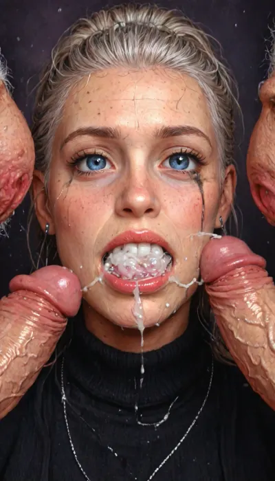 UHD, 8k wallpaper, (maximum quality:1.5), (ultra high resolution:1.7), (masterpiece:1.2), (full body view), award winning photo, (Extreme:1.85), (insanely detailed:1.9), (realism:1), (realistic:1.7), (hdr:1.4), hyper-detailed realistic body, hyper-detailed realistic face, (warm ambient light:.5), (dark shadows:1.4), Photorealistic masterpiece captured with high-end DSLR camera like Canon EOS 5D, full body shot long shot from head to toe without cropping any part of the legs or feet, vertical composition with tall aspect ratio for full height view, no cropped image no close-up no medium shot no bust portrait, generate initial full body frame and outpaint if needed to include entire figure, in the style of wide-angle photography with zoom out effect, 23 years old girl named Rosa Kovac, long platinum hair in high ponytail, blue eyes with vivid brightness and long lashes, pale skin with rosy accents and flawless smooth texture, diamond youthful face with high arched brows, refined cheekbones, delicate nose and natural soft full lips, Hungarian roots, elegant makeup with thin liner and balm lips, slim feminine body with small natural B-cup bust firm and perky, very narrow toned waist, narrow curvy hips, small firm rounded buttocks, long poised legs with slender thighs graceful calves and delicate arched feet, elegant slender arms with toned forearms and graceful hands with long fingers and manicured nails, height 171 cm, graceful and intellectual character, librarian, loves books and classical music, no nudity, artistic, indoors in a cozy library with bookshelves, dressed in form-fitting but non-revealing clothing, tight knit turtleneck sweater, slim leggings, flat loafers, accessories like thin belt and earrings, standing with one hand on hip, confident light expression, soft ambient lighting with gentle shadows hinting contours artistically, ultra-detailed skin texture and fabric details, pure realism, exhausted ecstatic expression, painful, starring into the camera, ((Hyper realistic)), (ultra HD image), 8k, super high quality, super high resolution, extremely detailed, perfect face, perfect eyes, ((crying alot:1.135)), extremely shy, cock in mouth, (brutal face fuck), Blowjob, (tears in eyes:1.5), (running makeup), (cum drips from nose:1.3), (cum explosion from mouth:1.65), (5 men jerking off on her:1.4), ((old man fucking her from behind:1.5)), she is extremely beautiful, ((view from the side)), ((brutal sex:1.3)), ((extremely rough pounding)), ((forceful)), tied up in chains, hands behind back, (anal:1.5), (masterpiece:1), hard nipples, hourglass waistline, perfect anatomic body, anal spitroast, gagging on cock, 35mm photograph, film, professional, 4k, 1girl, 5 boys, hdr, photographic, ultra realistic, ultra high details, back light, anal sex, with large muscular black men, <lora:Dark_Elf_Warrior:2>, <lora:Drow:2>, <lora:zavy-brbrn-sdxl:2>, <lora:LCMTurboMix_Euler_A_fix:2>, <lora:JuggerCineXL2:2>