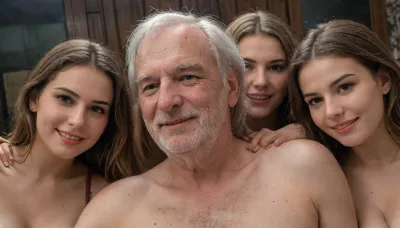 Group photo of one busty smiling girls and one old man, (groping girl:1.4), Old, Man, 4ng3l, face, <lora:OldMan:.8>, <lora:SDXL_BetterFaces-LoRA_v1:.8>