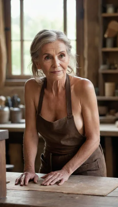 A close-up portrait of an 90 year old female artisan woodworker in a sunlit workshop, sitting at a workbench, focus on workpiece, dust motes dancing in the light, extreme detail on weathered skin and wood grain, she is naked, she wears Leather Apron, toned skin, low wild ponytail hairdo, shot on 85mm lens, cinematic lighting, warm tones, brunett hair with blonde highlights, medium breasts