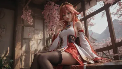 23 years, solo, red, eyes, dress, skirt, stockings, detached, sleeves, jewelry, black, thighhighs, hat, yae, miko, vision, (genshin, impact), <lora:MIAOKA_Yae Miko_XL:.8>, <lora:tifa_re_sdxl_V1_01-000006:.8>