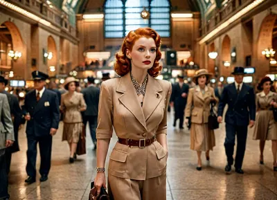 inside Grand Central, gorgeous redhead, famous actress of the 1940s, dressed in 1940s style travel outfit, 1940s travelling suit, perfect figure, 1940s makeup, 1940s entourage, authentic historical photography, original historic photography, period-accurate photo, 1940 style analog color photo, 1940 beauty standards, fully authentic photo in a 1940's era style, photographic quality, high quality glossy magazine photography, glamorous-photo, 1940s fashion magazine photo, full-body view, high angle view, great distance view, late night, dim lit, darkness, <lora:Radiant_Darkness:1.6>, <lora:detailed_notrigger:1.3>, <lora:add-detail-xl:.9>, <lora:LCMTurboMix_Euler_A_fix:1.9>, <lora:style_lora_realis:.8>