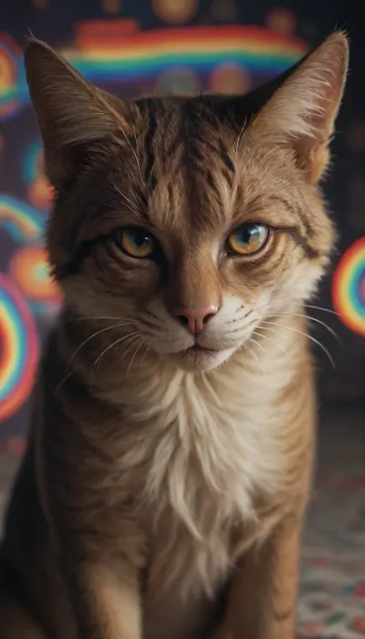 Psychedelic Photo of an actual cat, large cat, realistic detail, trippy visuals, crazy visuals, weird ambient lighting, background visuals, clear details, Psychedelic background, psychedelic pattern on fur, trippy eye colors