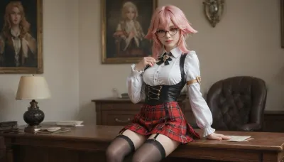 21 years old, 8K, solo, red eyes, fox, five fingers, perfect fingers, pink hair, masterpiece of the highest quality, work of a true master, dress, stockings, unbuttoned sleeves, jewelry, black thigh-high stockings, Vision, leather, black, suit, Lynette, (Genshin, Impact), zzSucrose, glasses, gradient, ears, long, sleeves, white, skirt, plaid, <lora:MIAOKA_Yae Miko_XL:1.2>, <lora:SucroseGenshinIXL:2>