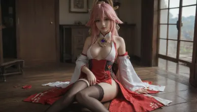 21 years old, 8K, solo, red eyes, five fingers, perfect fingers, pink hair, masterpiece of the highest quality, work of a true master, dress, skirt, stockings, unbuttoned sleeves, jewelry, black thigh-high stockings, Yae, Miko, Lynette, Navia, Vision, (Genshin, Impact), <lora:MIAOKA_Yae Miko_XL:.7>, <lora:tifa_re_sdxl_V1_01-000006:2>