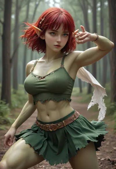 Green skinned elf woman in a forest, (((deep green skin))), red hair, pointed elf ears, short green top, exposed midriff, short green skirt, ripped clothes. gold jewelry, large breasts, small hips, fantasy setting, very muscular, abs, (dynamic pose:1.4)