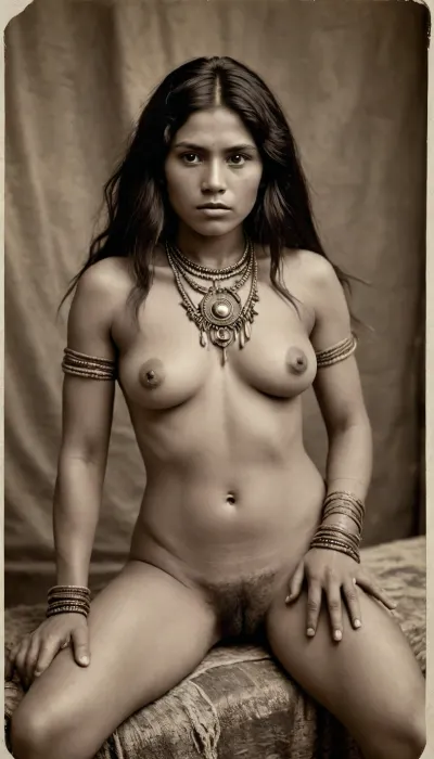 Vintage 1890s, Victorian, chieftainess of an Amazonian Indian tribe, strongly muscled, wild tribal jewelry, completely naked, tousled black hair, exposed pussy, very hairy pussy, pubic hair, 3/4 view, old torn sepia photograph, <lora:old_world:.8>