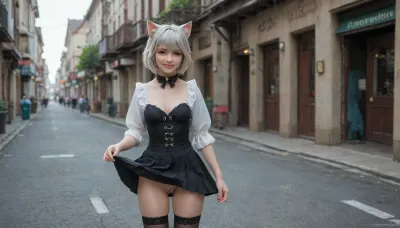 21 years old, UHD 8K, detailed background, street, purple eyes, cat ears, gray cat tail, five fingers, perfect fingers, gray hair, a masterpiece of the highest quality, the work of a true craftsman, jewelry, black lace thigh-high stockings, white shirt, black leather corset above the bust with a zipper, ruffles, light blue stripe at the bottom of the skirt, black skirt, Lynette, Lynette Genshin Impact, (Genshin, Impact), (lin, ni, te), 1 girl, slender figure, solo, small breasts, bow, ear, fluff, vagina visible under the skirt, cleavage, bangs, face, smile, star-shaped mark on the right cheek, pleated leather skirt with a light blue stripe at the bottom, black, bow tie, <lora:linnite_x_00004l:1.7>