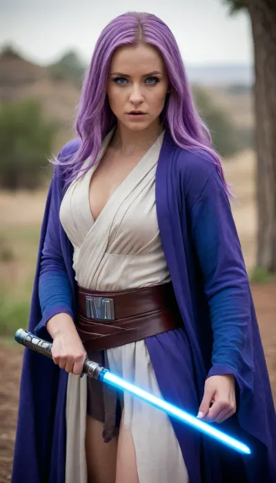 woman, Jedi Knight, in Jedi Garb, day, outside, cinematic lighting, blue lightsaber in hand, fighting stance, long blond and purple hair, blue eyes, elegant royal Jedi robes, showing breasts, partially clouded, <lora:chest_adjust:1.2>