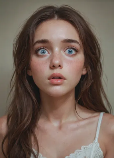 A stunning, intimate close-up portrait of a young woman with delicate features. She has exceptionally large, round, and striking bright blue eyes with a wide-eyed, intense, and slightly surprised gaze looking directly at the camera. Her face is framed by thick, dark, and naturally shaped eyebrows. She has a small, straight nose and full, glossy lips that are slightly parted. Her complexion is fair and pale, with a soft, rosy blush on her cheeks. Her hair is long, tousled, and a natural shade of brown with subtle lighter highlights.