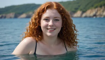 A captivating redhead curly just 18-year-old 5-feet-height well-built slightly chubby woman, noticeable breasts, extra long hair covering body, happily smiling, bare body, swimming in the blue sea in the midday up to breasts