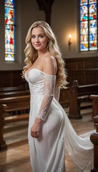 A mature milf bride, late 40s, curvy, toned, wearing a white wedding robe that has slipped off her shoulders, revealing her round, firm ass. She stands confidently in a dimly lit church, with stained glass windows casting colorful light onto her skin. Her long, wavy blonde hair cascades down her back. She looks over her shoulder with a playful, seductive smile, her blue eyes sparkling. The church is ornate, with wooden pews and a grand altar in the background. The image is captured with a DSLR camera, 4K resolution, with a shallow depth of field to highlight her figure. The lighting is soft and dramatic, emphasizing her curves and the details of the church. Masterpiece, highly detailed, realistic.