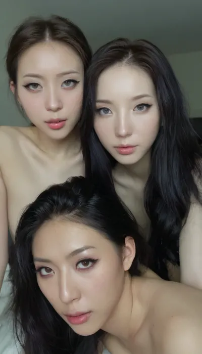 Amature candid photo, 2 girls, (two Korean kpop idols), (asian beautie), (pale skin), (gorgeous asian eyes), (kpop makeup:1), beautiful gorgeous Korean supermodel faces, high resolution skin, 8k, 150mm, highly detailed eyes, highly detailed face, thin face, ultra realistic skin, hyperrealistic, pale Korean skin tone, dark dorm room, partially covered by a white satin blanket, luxurious expensive 5 stars hotel bedroom, ultimate realism, dim low lighting, at night, dark, night, realistic detailed skin texture, 2 kpop idols all fours waiting for you in bed, intimate, funny and provocative expression, happy erotic candid intimate moment, close, supermodel, face, huge, Botox lips, kawaii, makeup, <lora:Beautify-Supermodel-SDXL:.8>, <lora:KawaiiMakeupXLv2:.8>