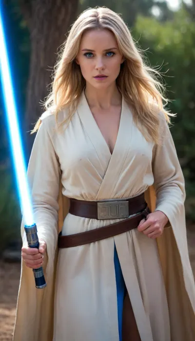 woman, Jedi Knight, in Jedi Garb, day, outside, cinematic lighting, blue lightsaber in hand, fighting stance, long blond hair, blue eyes, elegant royal Jedi robes, showing breasts, partially clouded, <lora:chest_adjust:1.5>