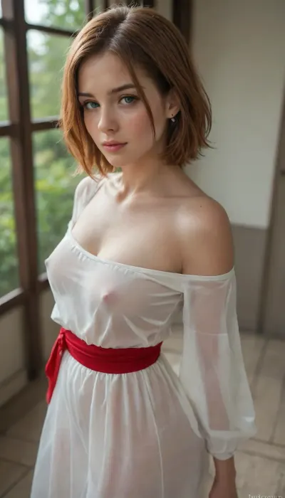 high angle, Famous pornstar mikasa ackerman, (((milf))), ginger hair, blue eyes, flat, chested, <lora:flat_chested_v3.5:.8>, fat ass, large hips, (score_9, score_8_up, score_7_up), 1girl, artistic, masterpiece, china Xinjiang Uyghur, skillful photography, best camera, focus, bokeh, new_look, Fresh_face, adorable round face, blush. Eyelashes, mesmerizing, pretty, beautiful, amazing beauty, clean_look, casual look, white clothes and red sash, transparent clothes, backlight, see-through clothes, side profile portrait, braless, soft puffy_nipples under transparent_clothes, background, (perfect fingers), (perfect human anatomy)