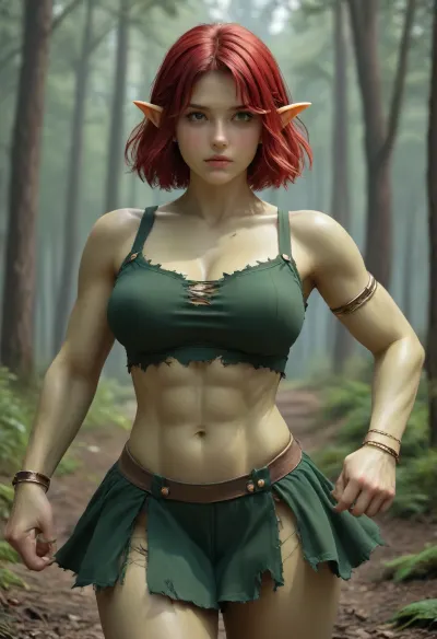 Green skinned elf woman in a forest, (((deep green skin))), red hair, pointed elf ears, short green top, exposed midriff, short green skirt, ripped clothes. gold jewelry, large breasts, small hips, fantasy setting, very muscular, abs, (dynamic pose:1.4)
