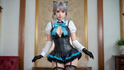 21 years old, 4K, purple eyes, cat ears, gray cat tail, five fingers, perfect fingers, correct fingers, gray hair, a masterpiece of the highest quality, the work of a true master, jewelry, black lace thigh-high stockings, white shirt, black leather corset above the bust with a zipper, ruffles, light blue stripe at the bottom of the skirt, black skirt, Lynette, Lynette Genshin Impact, (Genshin, Impact), (lin, ni, te), 1 slender girl, solo, small breasts, bow, ear, fluff, cleavage, bangs, face, mark, pleated leather skirt with a light blue stripe at the bottom, black, bow tie, <lora:linnite_x_00004l:2>